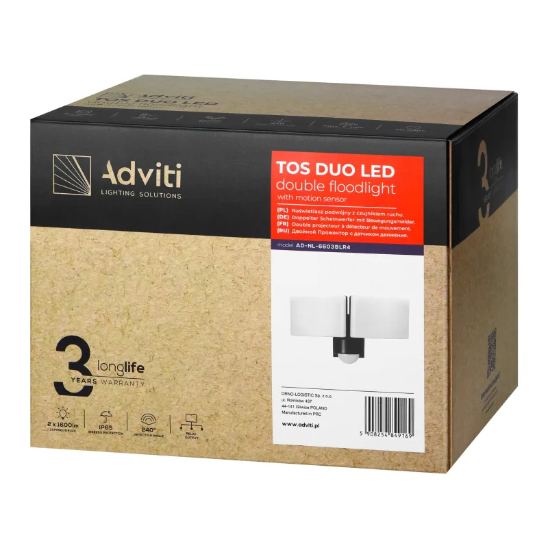 ADVITI Dvojitý reflektor TOS DUO LED 2x20W s PIR senzorom pohybu, 2x1600lm, IP65, 4000K, čierny