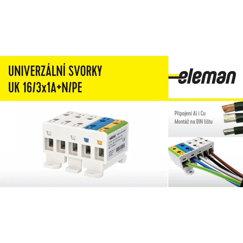 ELEMAN Svorka univerzálna UK 16/3x1A+N/PE 85A, 5x16mm2 5pól, AL/CU, krytá, 3 x sivá/modrá/zeleno-žltá, na DIN a Montážnu dosku