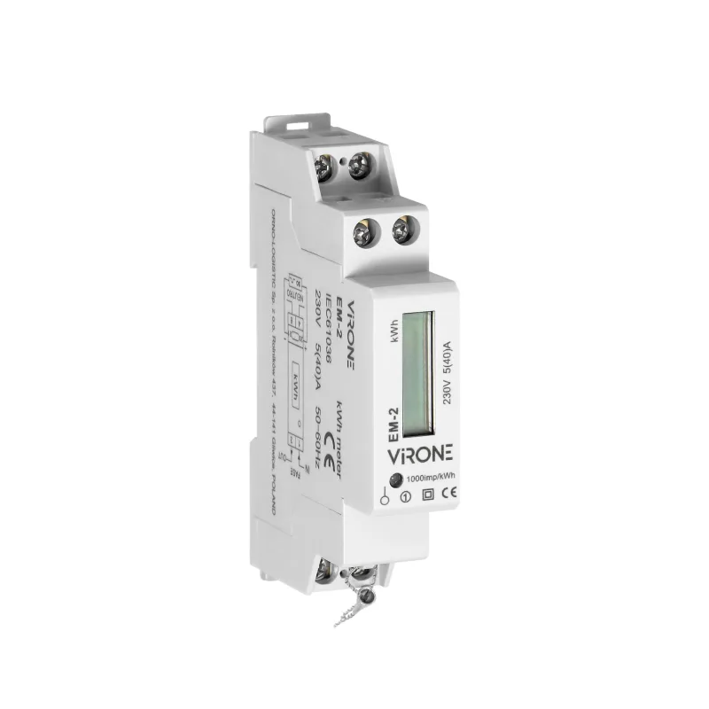 Jednofázový elektromer VIRONE EM-2, 40A, impulzný výstup, 1 modul, DIN TH-35mm
