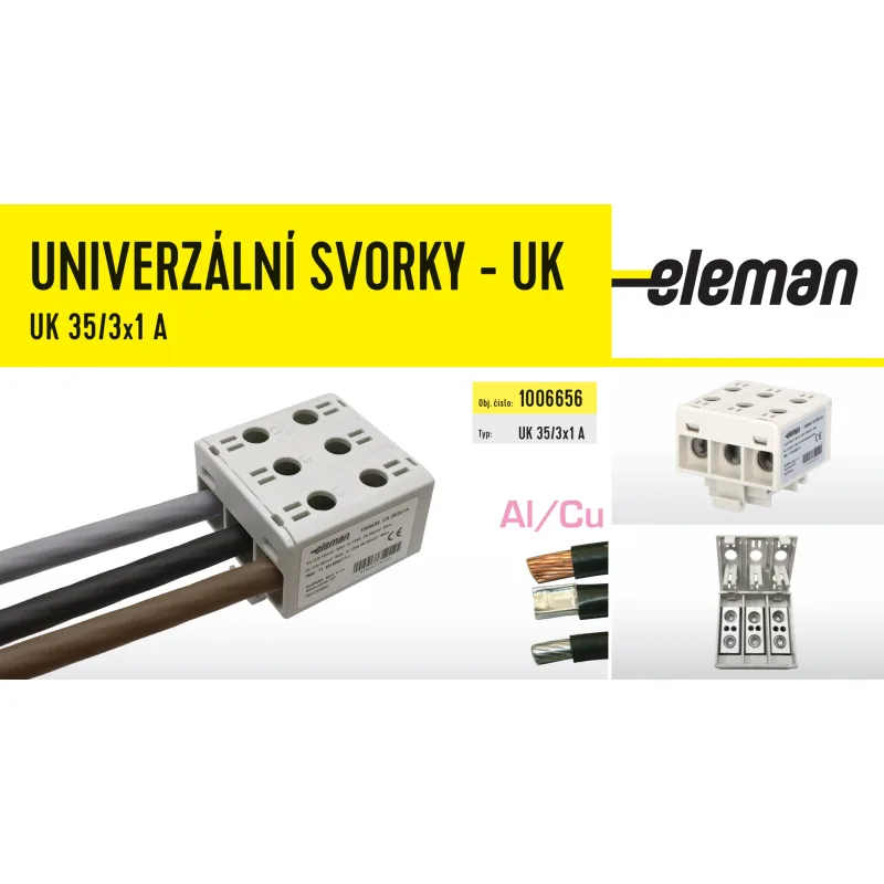 ELEMAN Svorka univerzálna trojitá UK 35/3x1 A, 135A, 3x35mm2 3pól, AL/CU, krytá, sivá, na DIN