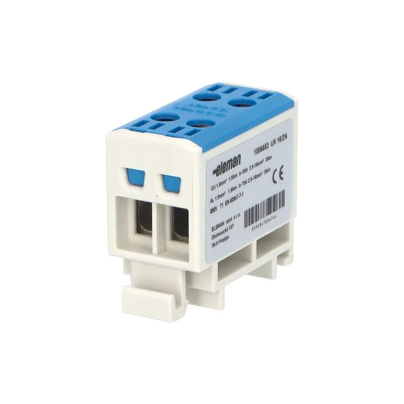 ELEMAN Svorka univerzálna dvojitá UK 16/2 N, 85A, 2x16mm2 1pól, AL/CU, krytá, modrá, na DIN lištu