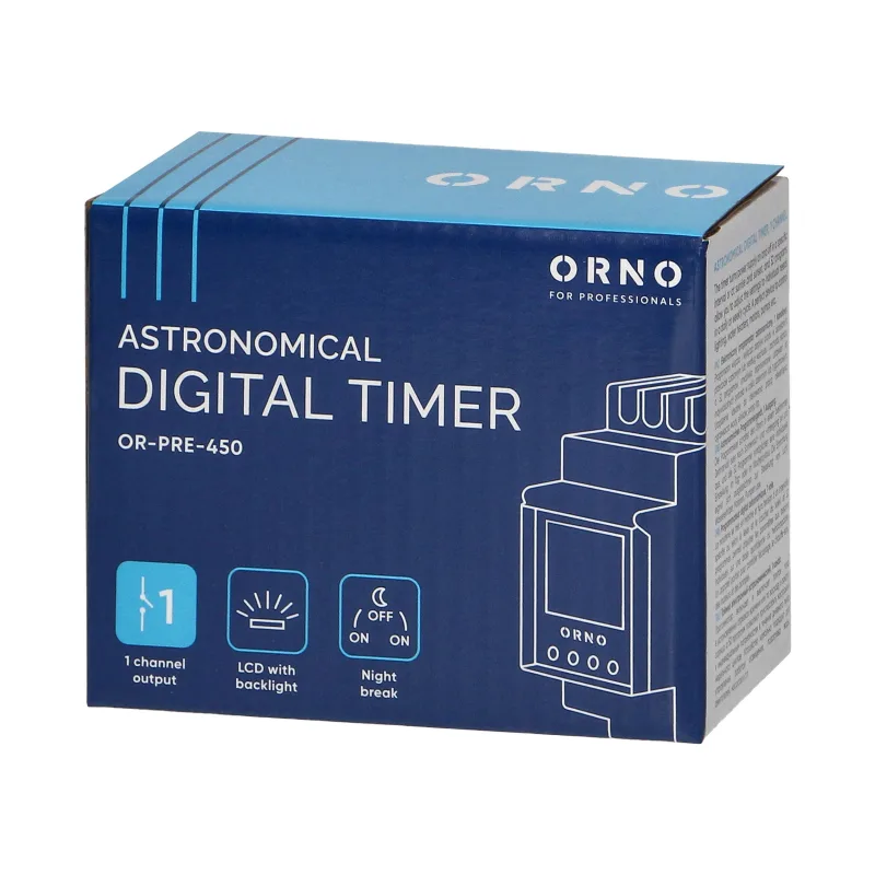 ORNO Digitálne astronomické spínacie hodiny OR-PRE-450 na DIN lištu 3 jazyky, 1 kanálové, max.16A/230V