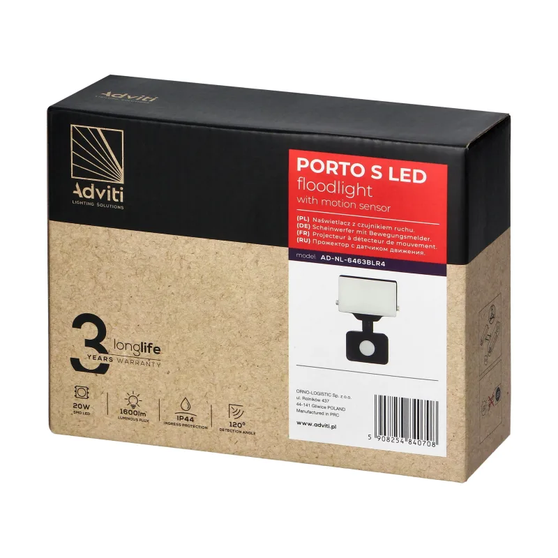 ADVITI PORTO S LED 20W reflektor s PIR senzorom pohybu, 1600lm, IP44, 4000K, hliník+polykarbonát čierny