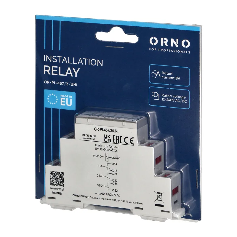 ORNO Univerzálne inštalačné relé 3P/3CO/3W 8A, 12-230 VUC 8 A / 250 V AC, 8 A / 24 V DC