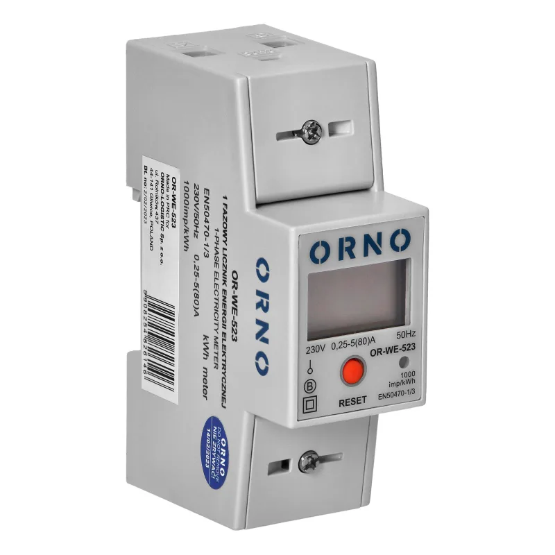 ORNO Elektromer OR-WE-523 1F 80A MID Reset RS-485 impulzný výstup prídavné počítadlo 2-moduly