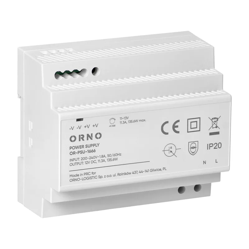ORNO Napájací zdroj na DIN lištu 12VDC, 11.3 A, 135.6W, 6 modulov