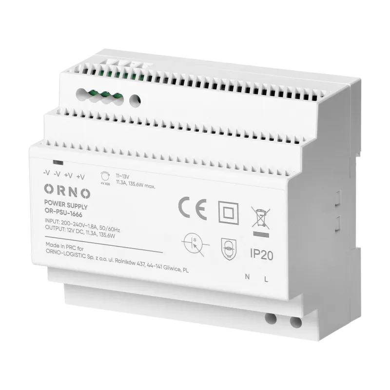 ORNO Napájací zdroj na DIN lištu 12VDC, 11.3 A, 135.6W, 6 modulov