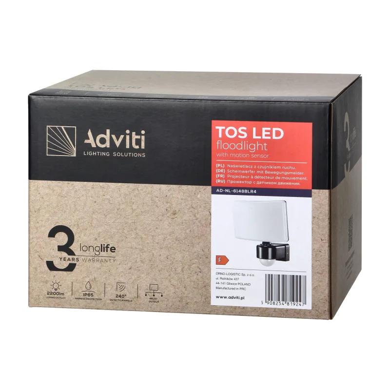 ADVITI TOS LED 30W reflektor s PIR senzorom, 2200lm, IP65, 4000K, PC, čierny