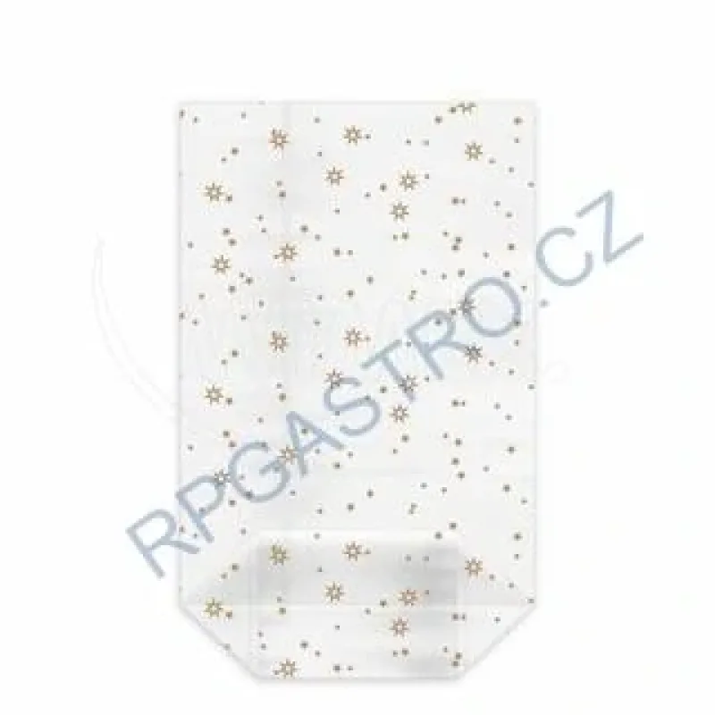 Sáček čirý (OPP) s křížovým dnem Hvězdy zlaté 14,5 x 23,5 + 6 cm [100 ks] (93114) (Celofánový sáček čirý (OPP) s křížovým dnem Hvězdy zlaté 14,5 x)