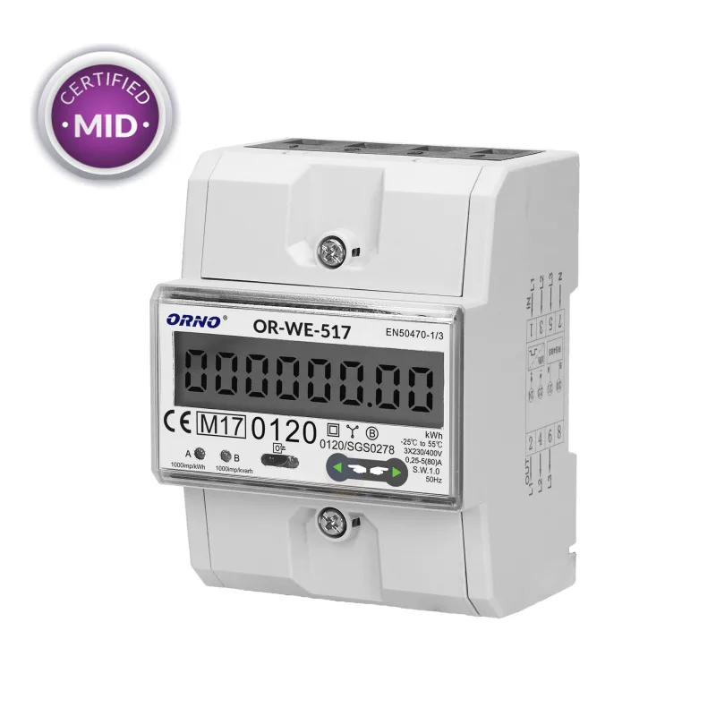 Elektromer trojfázový na DIN lištu ORNO OR-WE-517 80A MID RS-485 Modbus 4 tarif