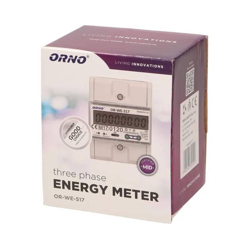 Elektromer trojfázový na DIN lištu ORNO OR-WE-517 80A MID RS-485 Modbus 4 tarif