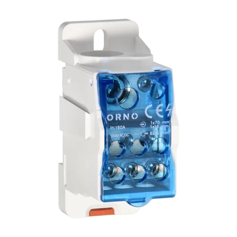 ORNO Distribučný blok 160A, vstupná svorka 1x16mm2 a 1x70mm2, výstupná svorka 6x16mm2, na DIN