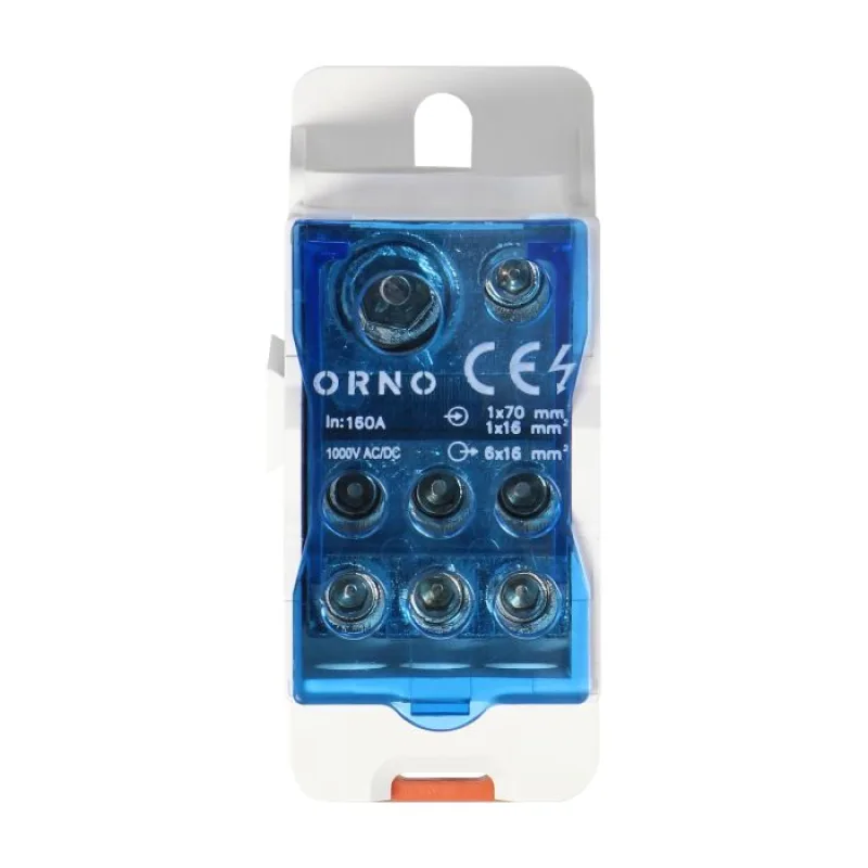 ORNO Distribučný blok 160A, vstupná svorka 1x16mm2 a 1x70mm2, výstupná svorka 6x16mm2, na DIN