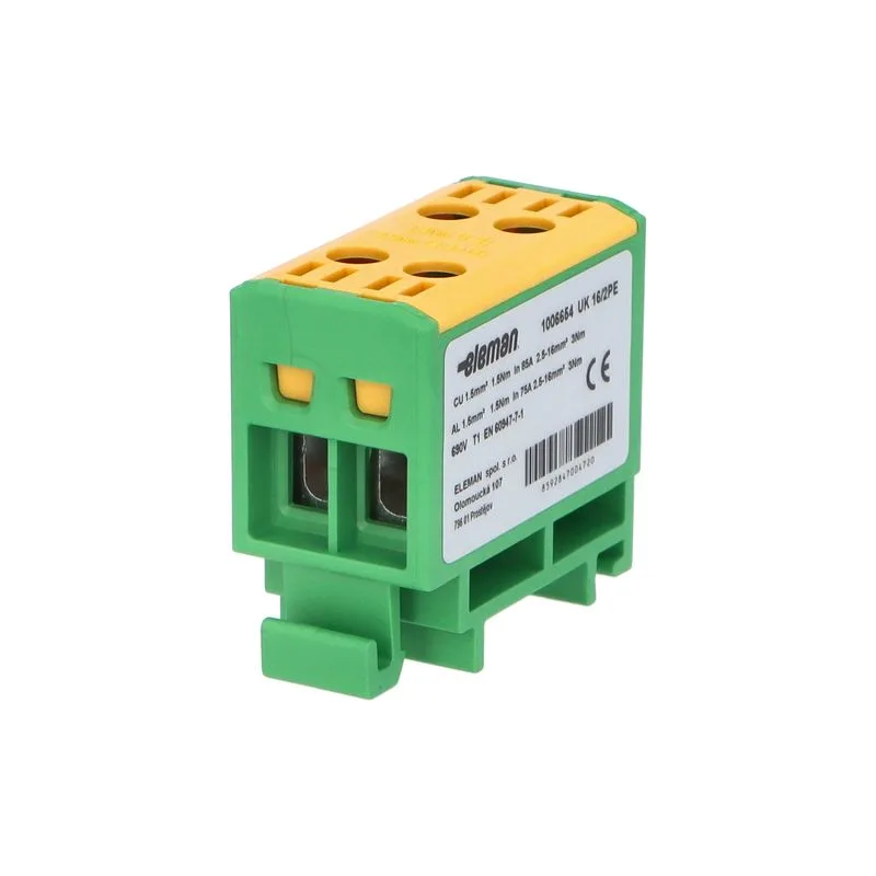 ELEMAN Svorka univerzálna dvojitá UK 16/2 PE 85A, 2x16mm2 1pól, AL/CU, krytá, zeleno-žltá, na DIN lištu