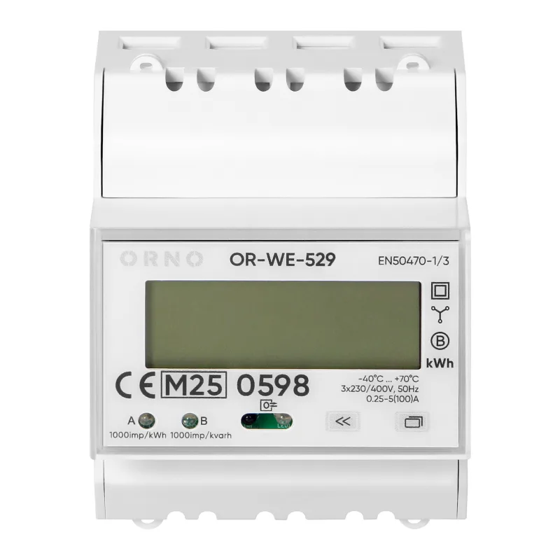 Trojfázový elektromer ORNO OR-WE-529 na DIN lištu, 100 A, port RS-485, MID, 4 moduly, PV-Ready