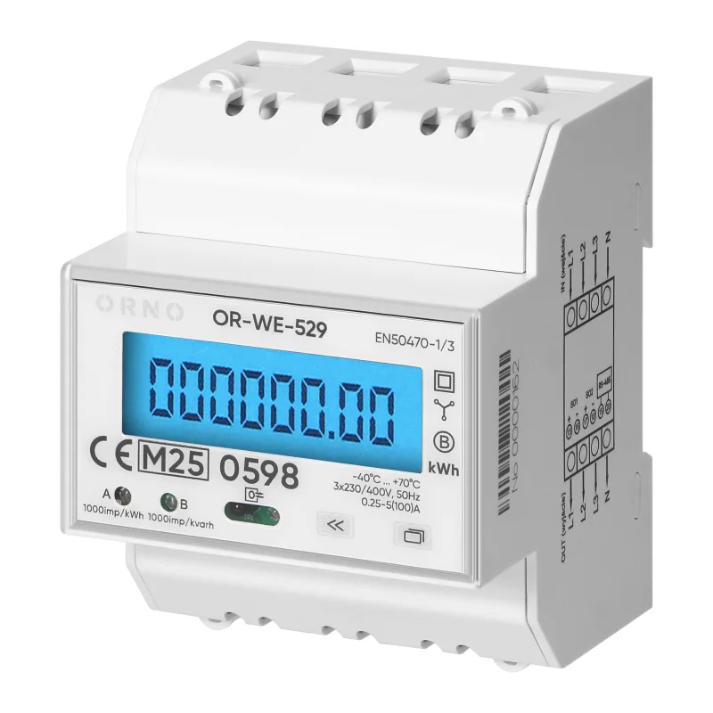 Trojfázový elektromer ORNO OR-WE-529 na DIN lištu, 100 A, port RS-485, MID, 4 moduly, PV-Ready