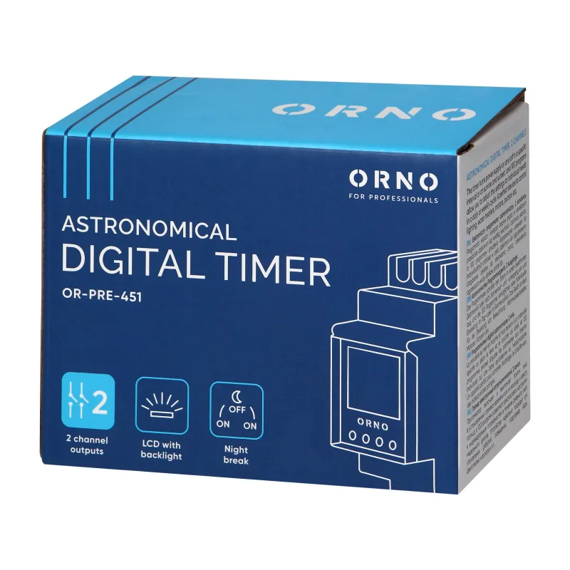 ORNO Digitálne astronomické spínacie hodiny OR-PRE-451 na DIN lištu 3 jazyky, 2 kanálové, max.16A/230V