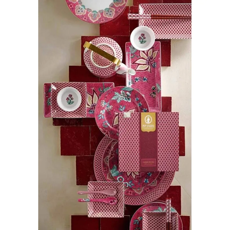 Pip Studio Flower Festival Oriental sada 2 kusů talířků 23x11,5x2,2cm, 2 kusů misek 11.5x11,5x2,3 cm a 2 sad hůlek, růžová