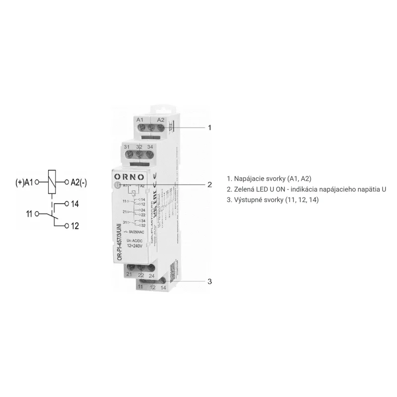 ORNO Univerzálne inštalačné relé 1P/1CO/1W 16A, 12-230 VUC 16 A / 250 V AC, 16 A / 24 V DC