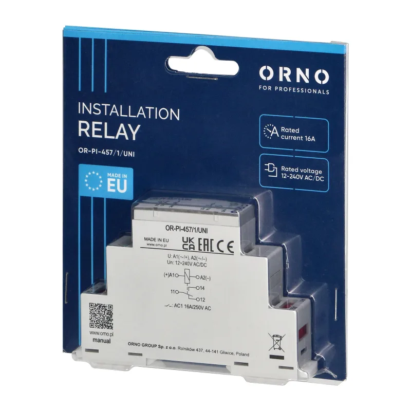 ORNO Univerzálne inštalačné relé 1P/1CO/1W 16A, 12-230 VUC 16 A / 250 V AC, 16 A / 24 V DC