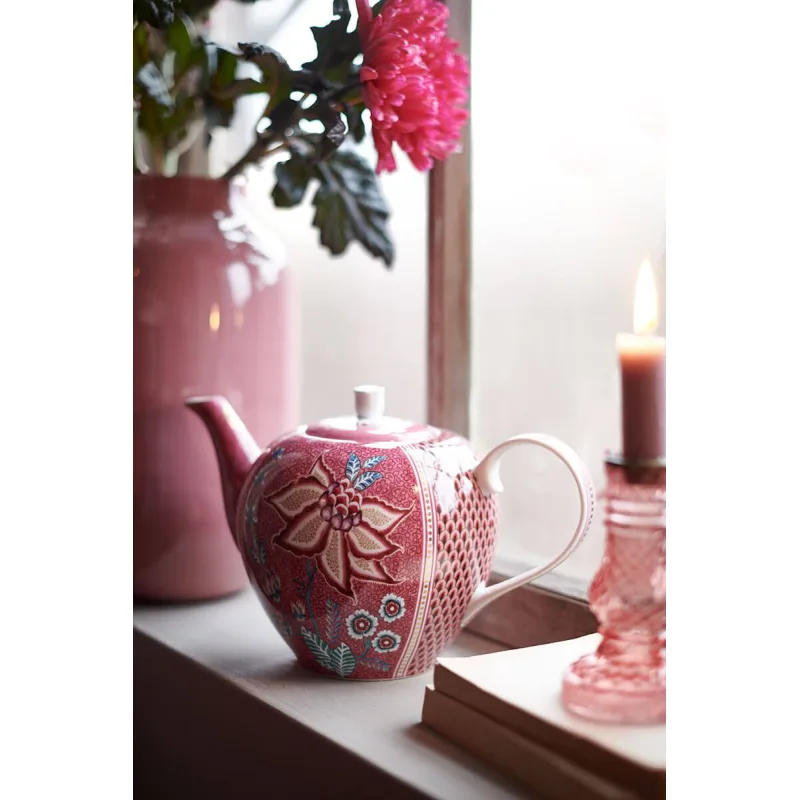 Pip Studio Flower Festival velká čajová konvice 1,6l, tmavě růžová