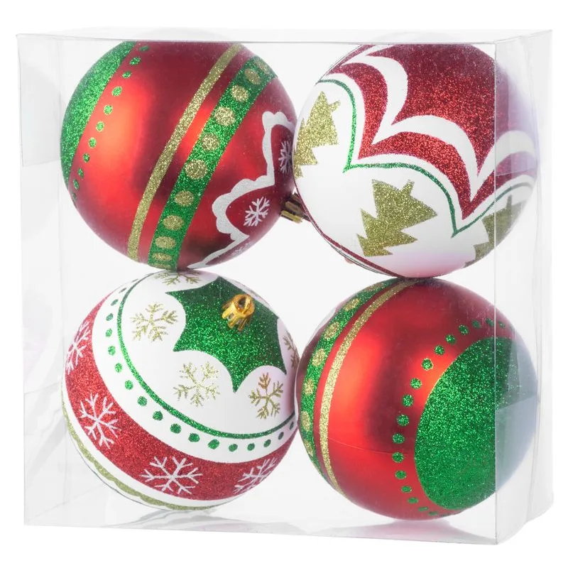 Vianočné gule na stromček 4 ks, červeno-zelené, s ornamentami, 10 cm