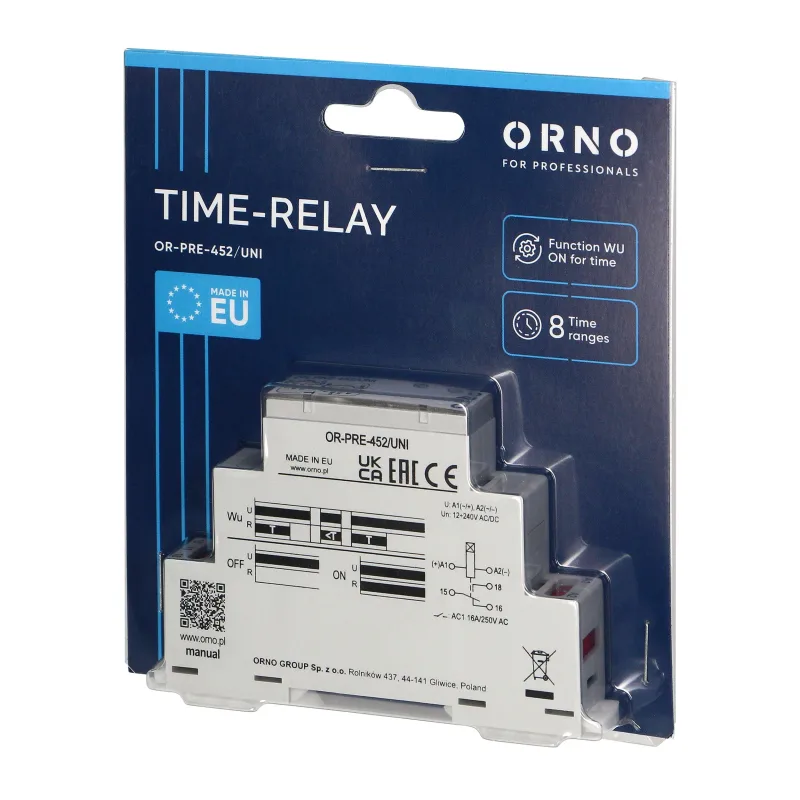 ORNO Časové relé OR-PRE-452/UNI 1P/1CO/1W 16A univerzálne napájanie 12 - 240 V AC/DC