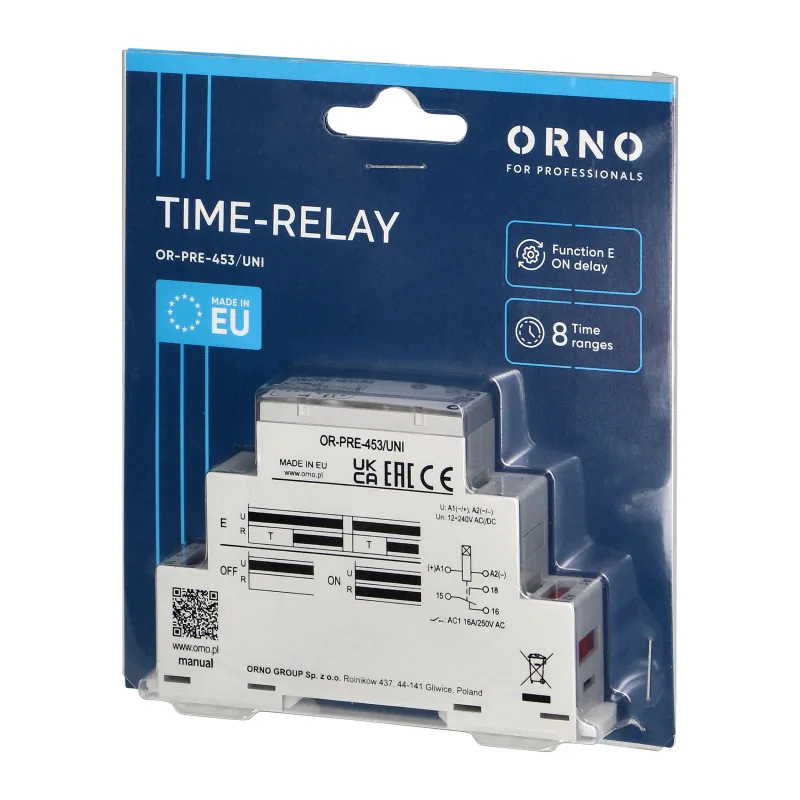 ORNO Časové relé OR-PRE-453/UNI - oneskorená aktivácia, univerzálne napájanie 12 - 240VAC/DC