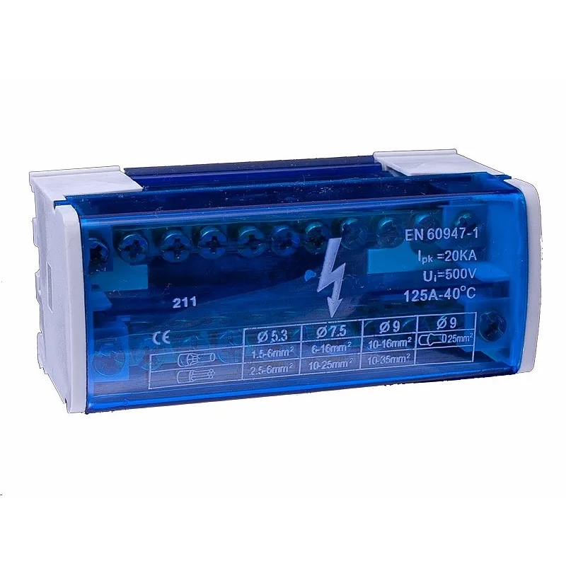 VCX Power Distribučný blok VCX BLK 211 / 2 póly / 11 otvorov / 125A / na DIN lištu