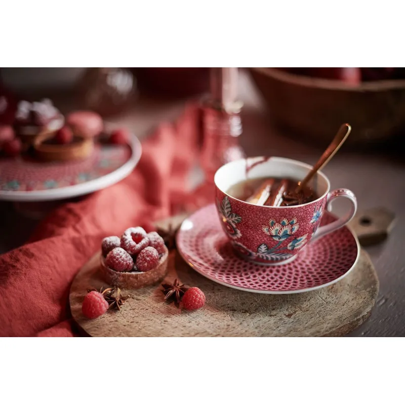 Pip Studio Flower Festival sada 2 espresso šálků s podšálky, tmavě růžová