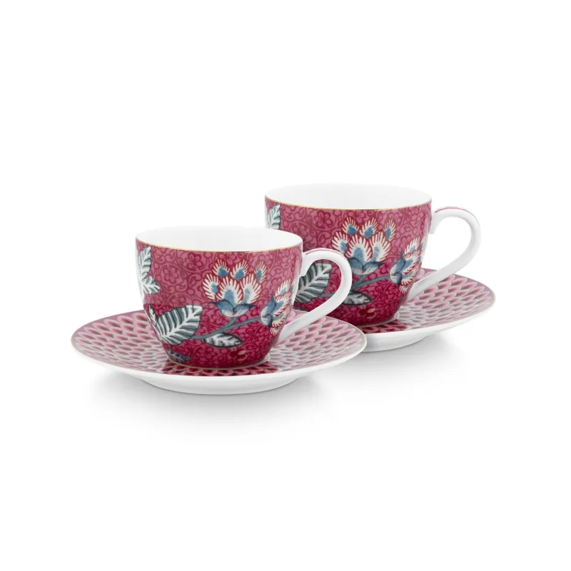 Pip Studio Flower Festival sada 2 espresso šálků s podšálky, tmavě růžová