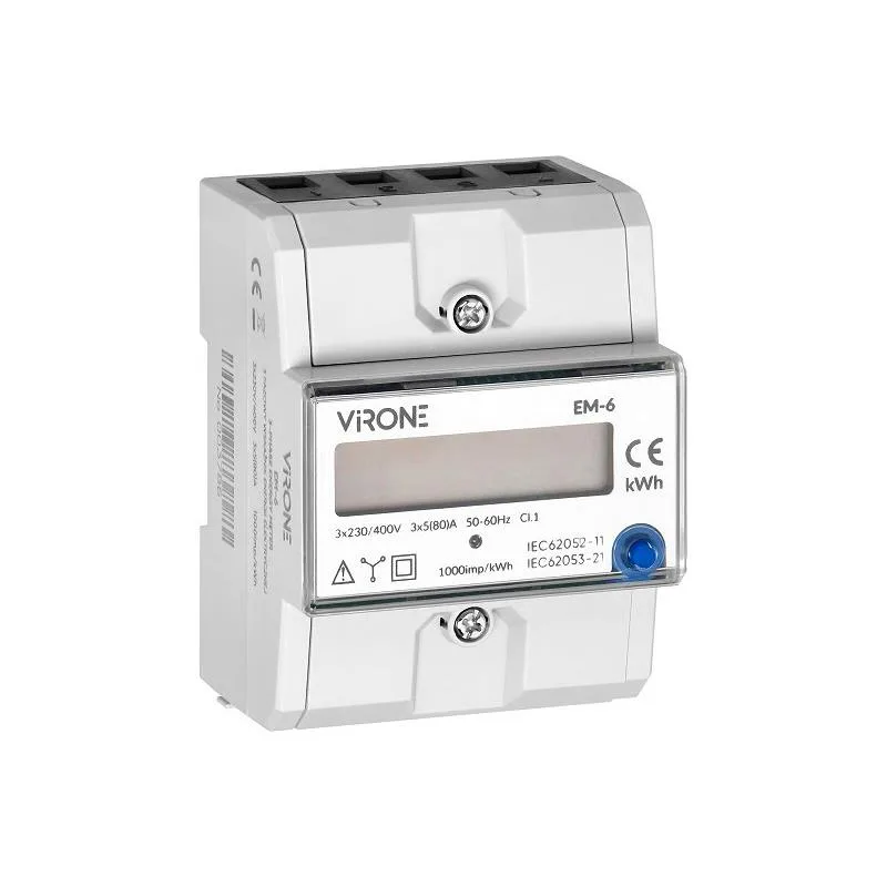 Elektromer 3F na DIN lištu trojfázový digitálny VIRONE EM-6 80A Reset