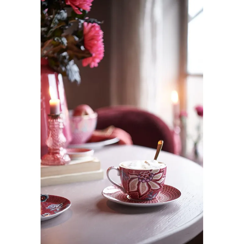 Pip Studio Flower Festival cappuccino šálek s podšálkem 270ml, tmavě růžový