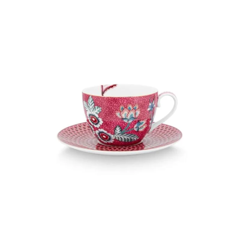 Pip Studio Flower Festival cappuccino šálek s podšálkem 270ml, tmavě růžový