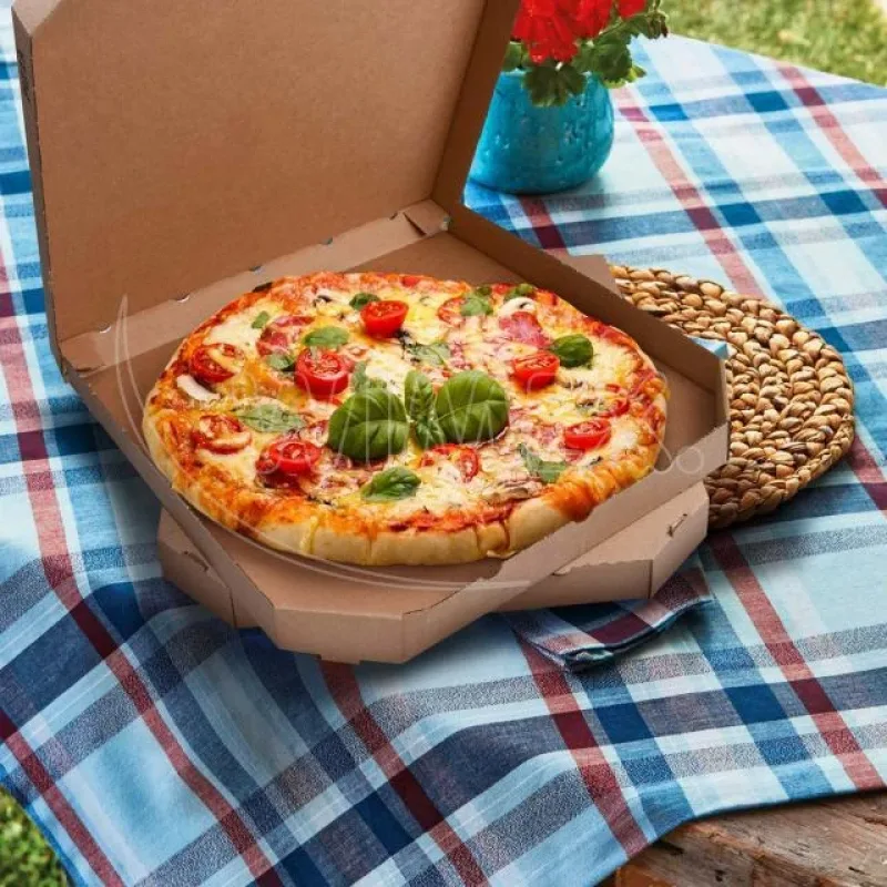 Krabice na pizzu (mikrovlnitá lepenka) E6 kraft s potiskem 33 x 33 x 3 cm [100 ks] NEPOSÍLÁME - Pouze osobní odběr (72063)