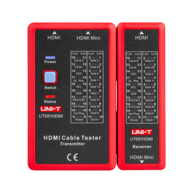 Tester HDMI káblov Uni-T UT681HDMI a mini HDMI kontroluje LED1~LED19 a LED_S MIE0413