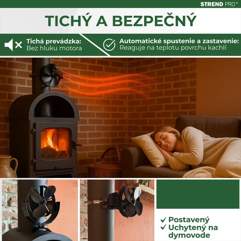 Ventilátor Strend Pro, krbový, s úchytom na dymovod a magnetom, poháňaný teplom, 4-lopatkový, čierny
