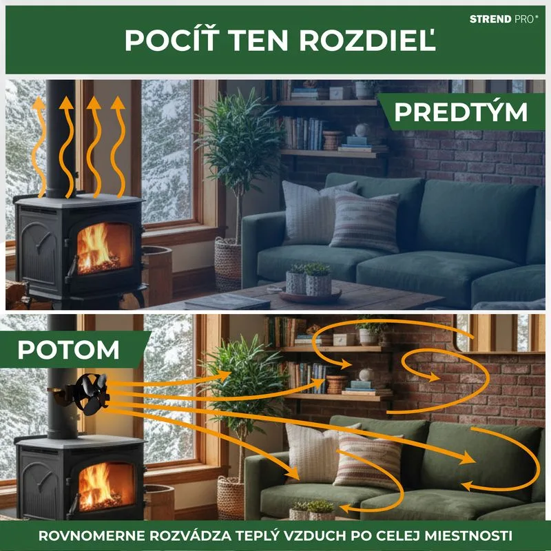 Ventilátor Strend Pro, krbový, s úchytom na dymovod a magnetom, poháňaný teplom, 4-lopatkový, čierny