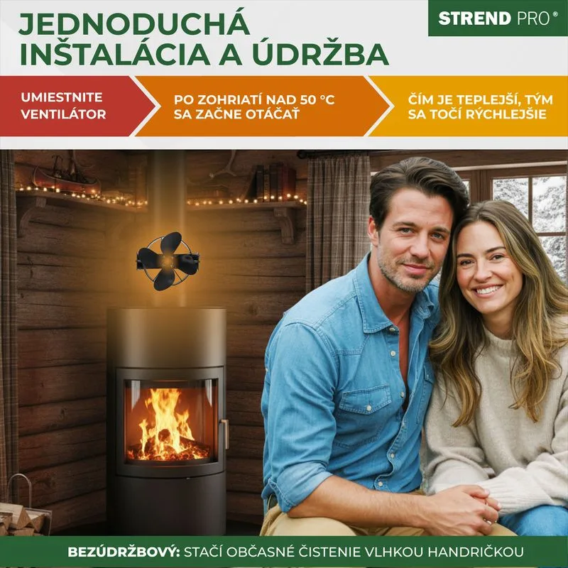 Ventilátor Strend Pro, krbový, s úchytom na dymovod a magnetom, poháňaný teplom, 4-lopatkový, čierny