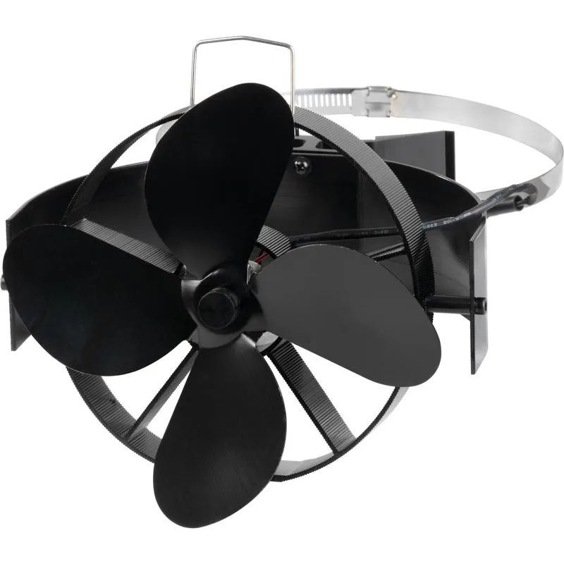 Ventilátor Strend Pro, krbový, s úchytom na dymovod a magnetom, poháňaný teplom, 4-lopatkový, čierny