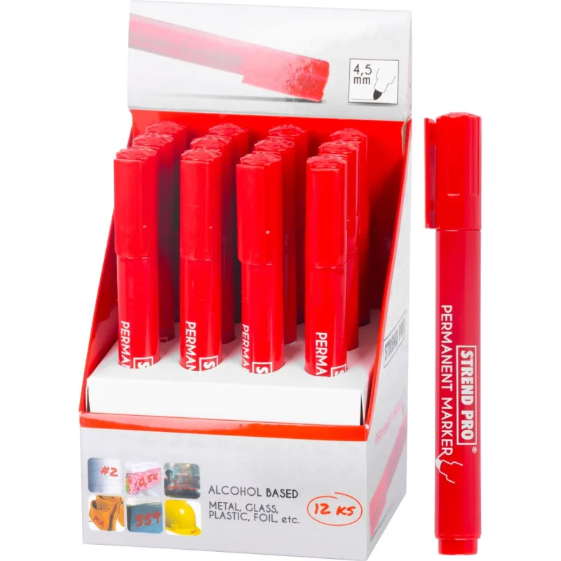 Značkovač Strend Pro Permanent, červený, guľatý hrot, 12 ks
