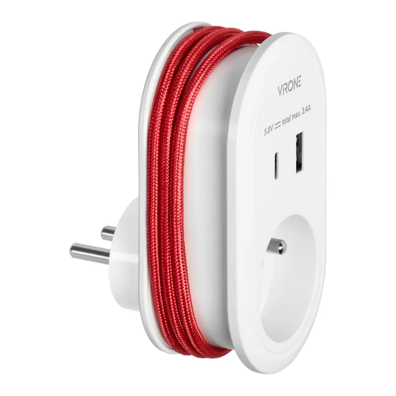 VIRONE Adaptér s káblom USB a káblom (typ C + Lightning), 1x2P+E, 2xUSB (typ A+C), max 3.4A