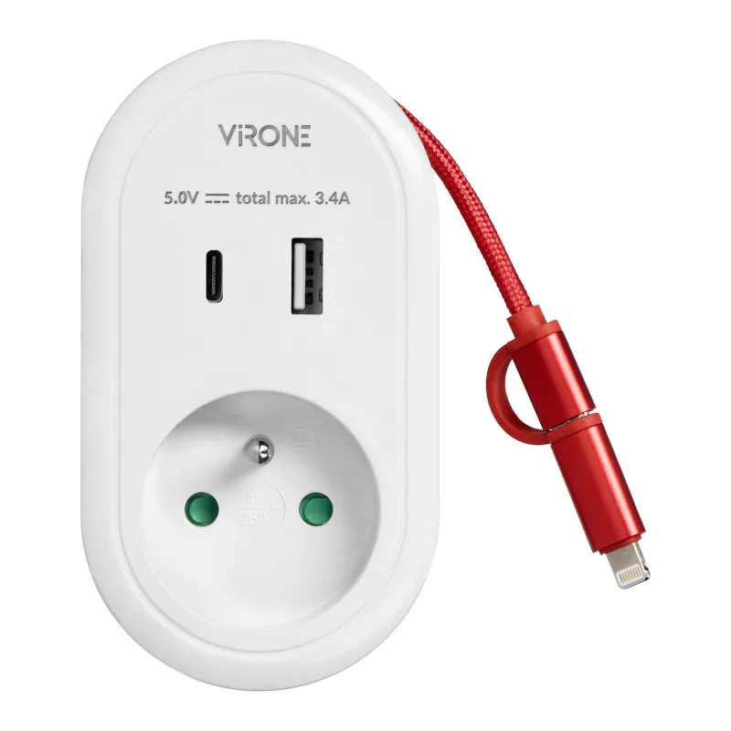 VIRONE Adaptér s káblom USB a káblom (typ C + Lightning), 1x2P+E, 2xUSB (typ A+C), max 3.4A