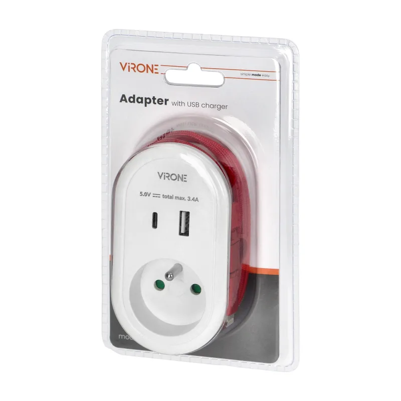 VIRONE Adaptér s káblom USB a káblom (typ C + Lightning), 1x2P+E, 2xUSB (typ A+C), max 3.4A