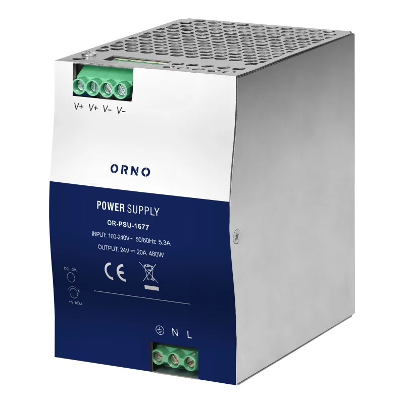 ORNO Priemyselný napájací zdroj na DIN lištu, 24VDC, 20A, 480W, kovové puzdro