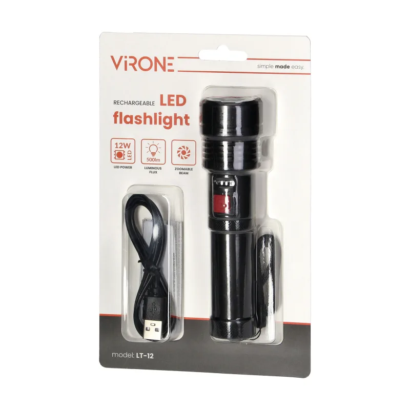 VIRONE Taktická LED baterka, COB 12W so zoomom a 2200 mAh batériou LT-12