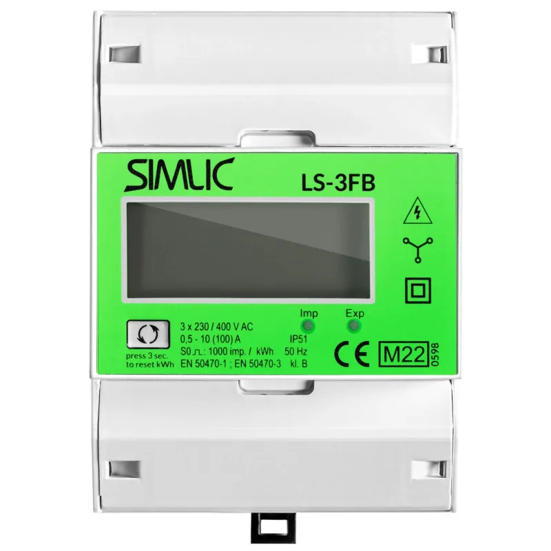 SIMLIC Obojsmerný elektromer LS-3 (3-fázový, digitálny, 4-modulový) s funkciou resetu, MID 100A