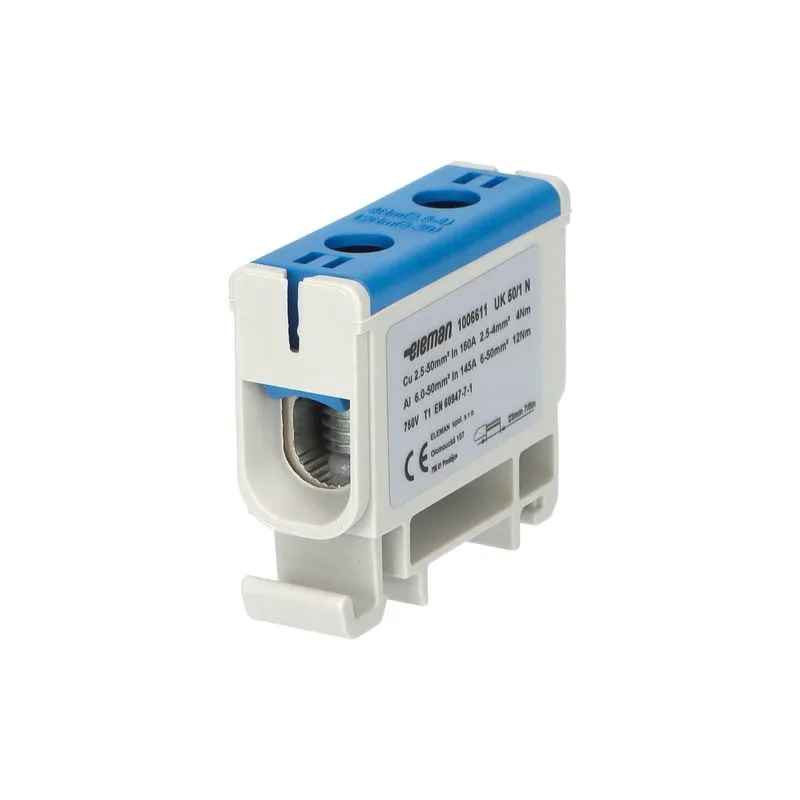 ELEMAN Svorka univerzálna UK 50/1 N, 160A, 1x50mm2 1pól., AL/CU, krytá, modrá, na DIN lištu