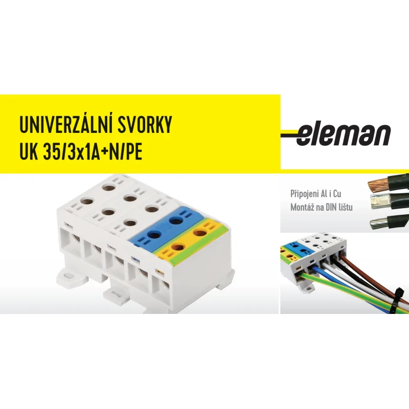 ELEMAN Svorka univerzálna UK 35/3x1A+N/PE, 135A, 5x35mm2 5pól, AL/CU, krytá, 3 x sivá/modrá/zeleno-žltá, na DIN a Montážnu dosku
