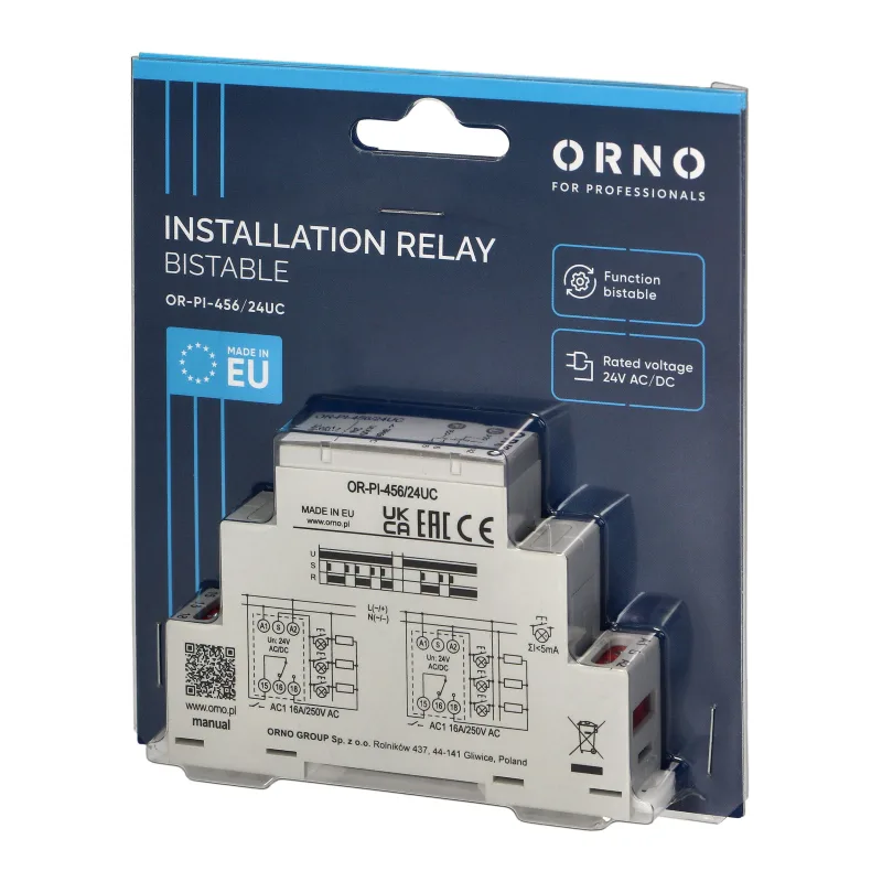 ORNO Inštalačné bistabilné relé OR-PI-456/24UC 1P/1CO/1W 16A, 24 VAC / DC, 16A